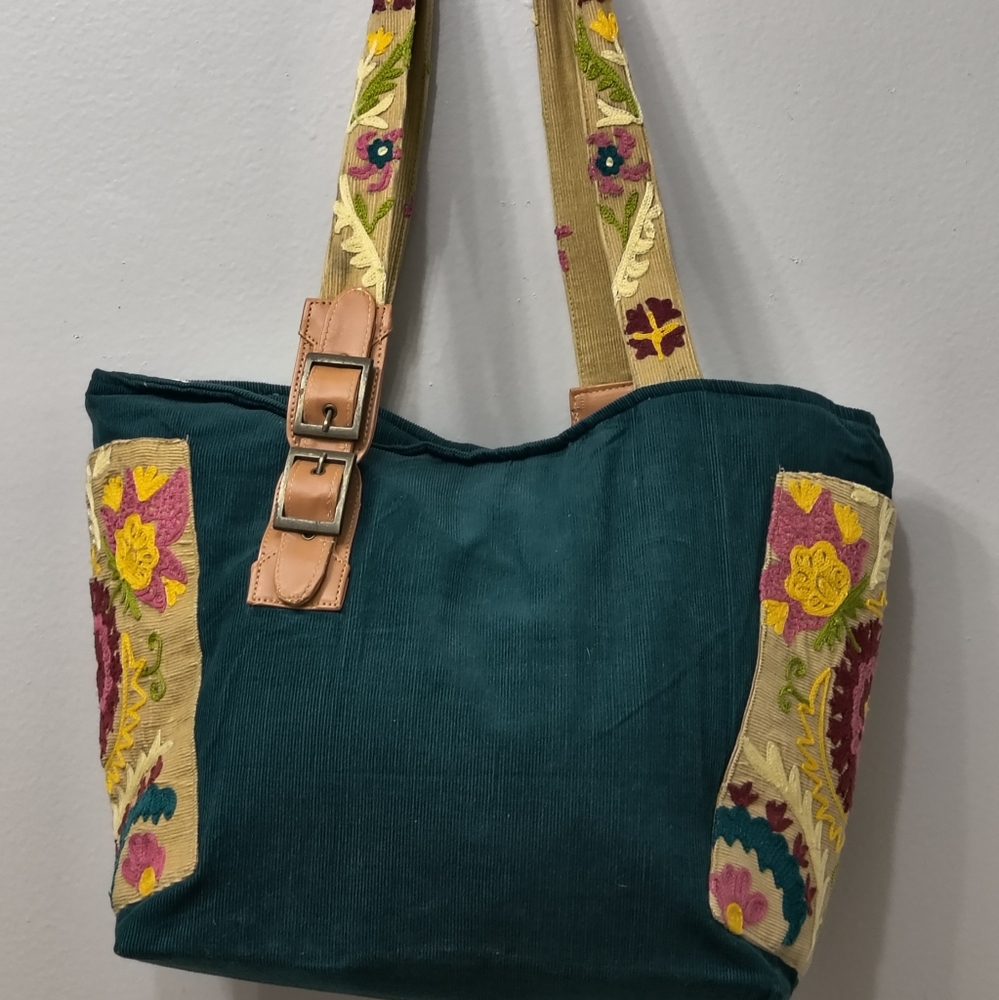 Purva Hand Made Floral Embroidered Green Corduroy Tote Bag Bobo Workwear Hippie - Picture 5 of 15